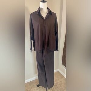 Eskandar Vintage Designer 100% Cotton 2pc Pant Set, Button Down & Drawstring.